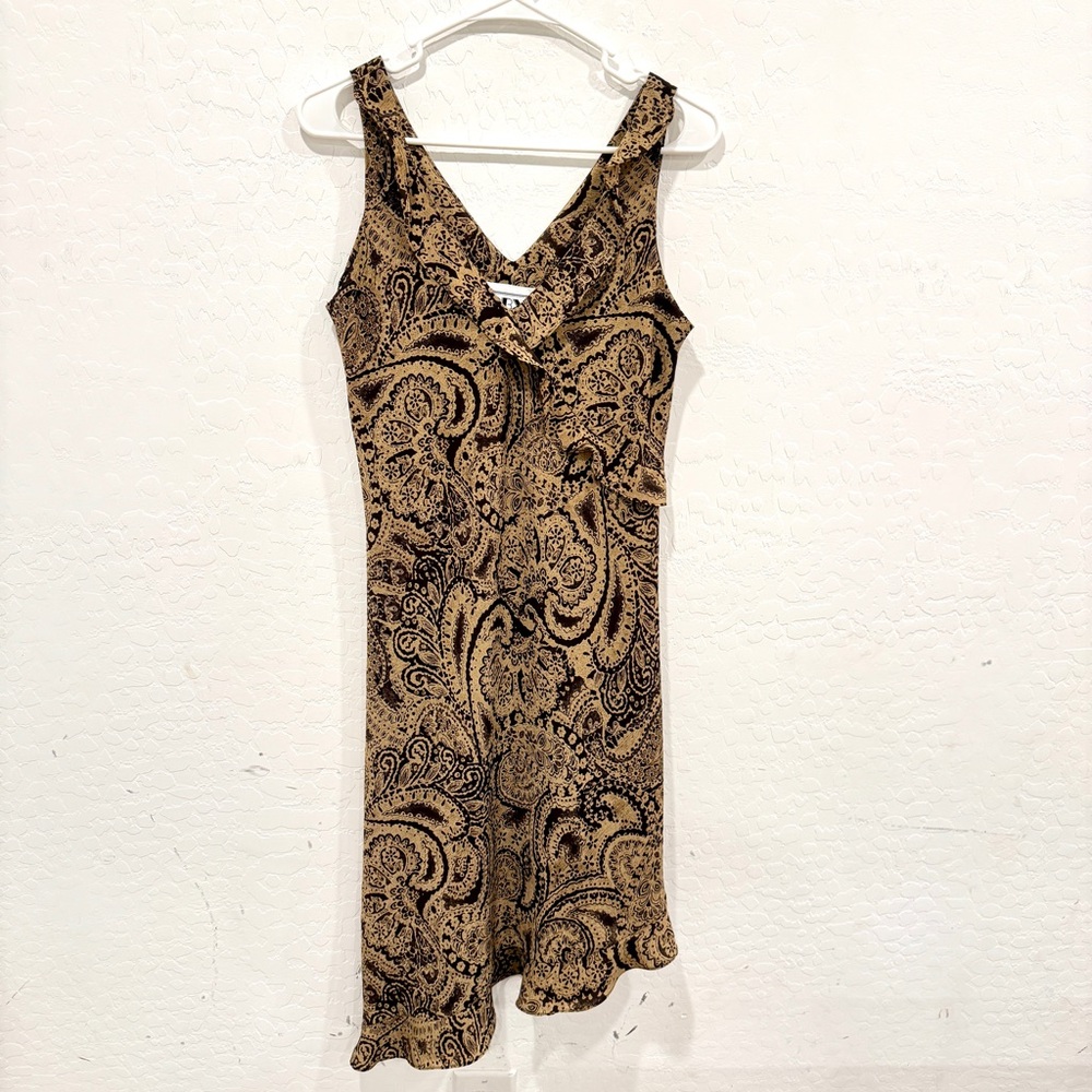 Y2K DBY Paisley Dress Womens 9/10 Brown Black Ruffle Asymmetrical Fairy Vintage
